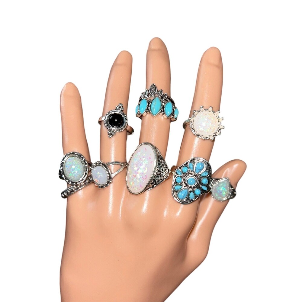 NEW women's rings turquoise boho set of 10 various sizes western indian silver